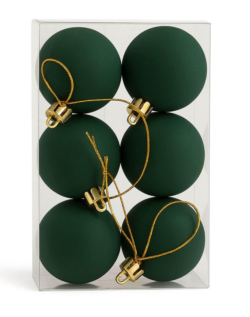 Set da 16 palline di Natale floccate verdi Ø4 cm con cordino dorato. Perfette per decorare l’albero con eleganza e un tocco di tradizione natalizia.