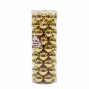 Caratteristiche principali: Quantità: 60 sfere natalizie Colore: Oro metallizzato Diametro: 60 mm Materiale: Plastica leggera e resistente Finitura: Lucida e riflettente Confezione cilindrica con manico dorato Ideali per uso interno