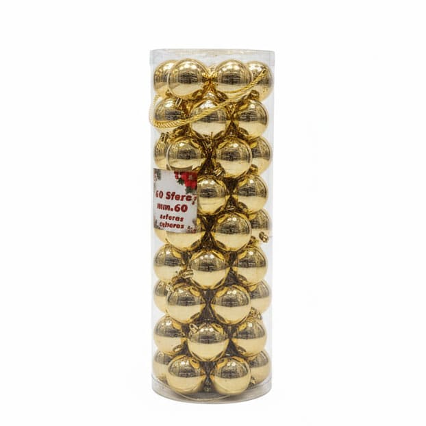 Caratteristiche principali: Quantità: 60 sfere natalizie Colore: Oro metallizzato Diametro: 60 mm Materiale: Plastica leggera e resistente Finitura: Lucida e riflettente Confezione cilindrica con manico dorato Ideali per uso interno