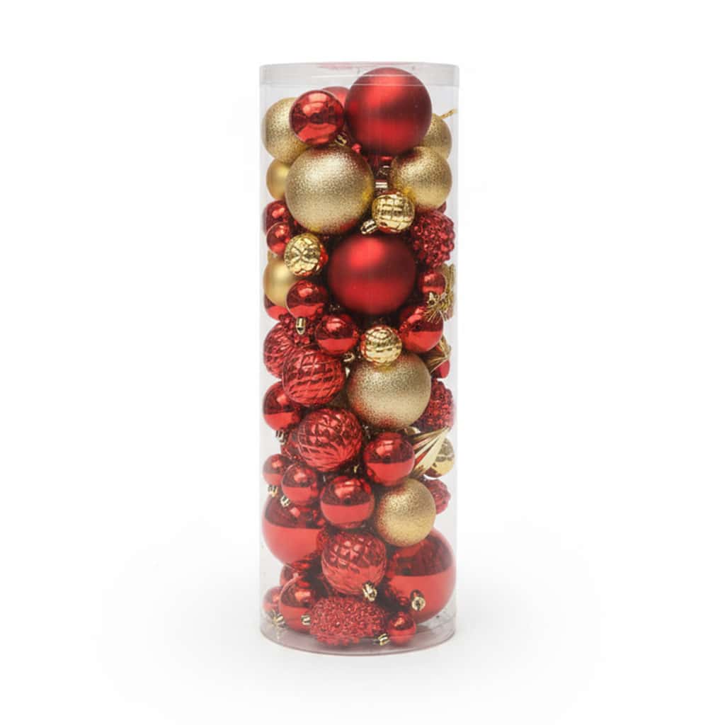 Set 80 Palline Natalizie Rosse e Oro 4/5/6/7 cm Finiture Miste