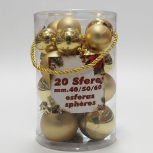 Set di 20 sfere natalizie oro assortite Ø40/50/60 mm. Lucide e infrangibili, perfette per decorazioni eleganti e luminose. Prezzo: €5,00.