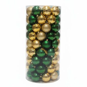 Set di 100 sfere natalizie oro e verde Ø80mm in PVC infrangibile. Lucide, leggere e brillanti, perfette per un albero natalizio elegante e luminoso