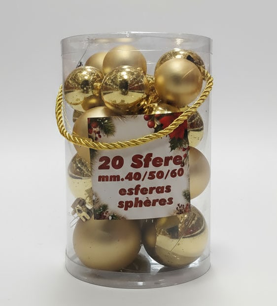 Set di 20 sfere natalizie oro assortite Ø40/50/60 mm. Lucide e infrangibili, perfette per decorazioni eleganti e luminose. Prezzo: €5,00.